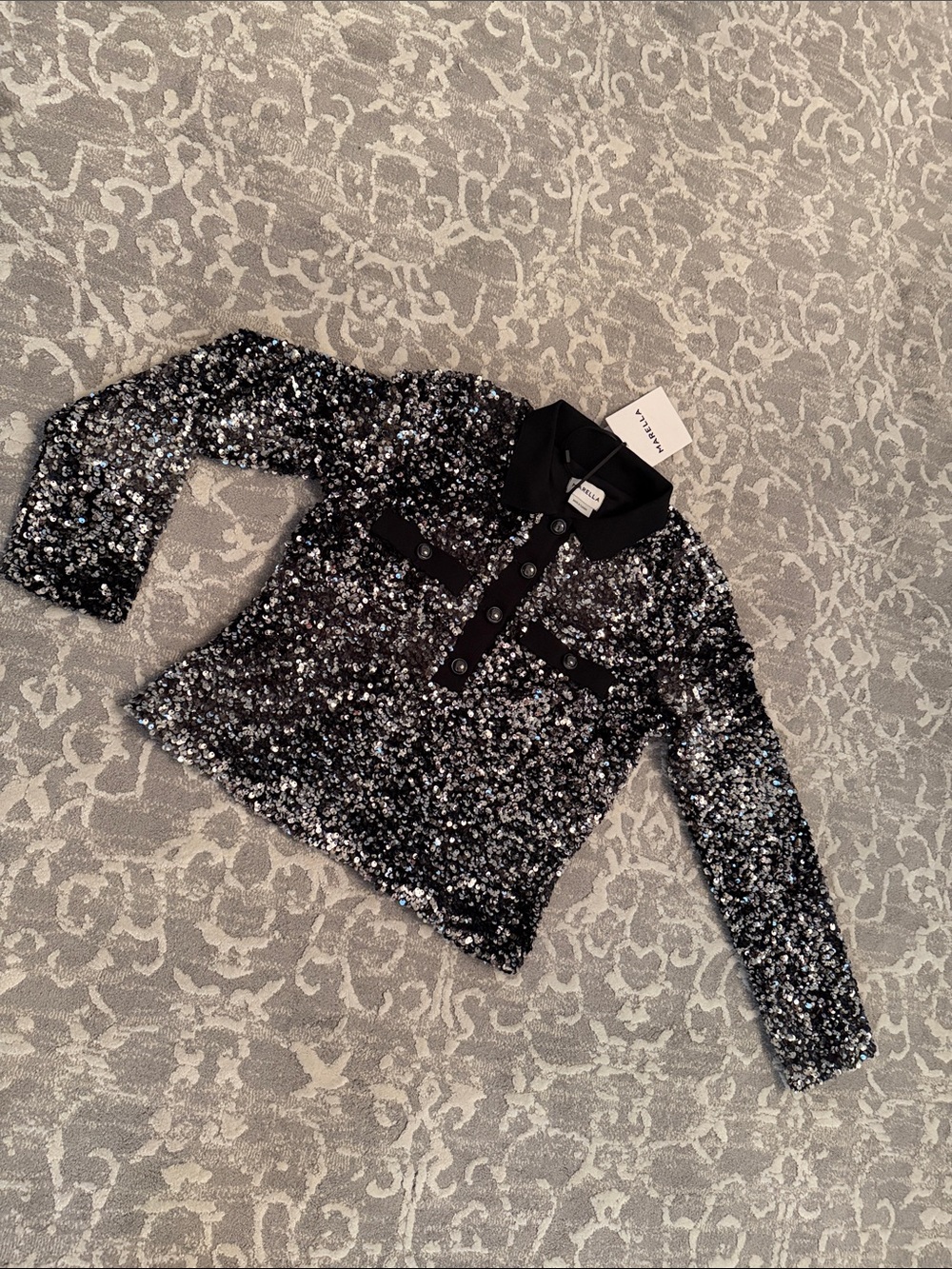 MARELLA Black & Silver Sequin Long-Sleeve Polo Top-new with tags